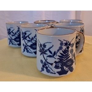 Set 6 Vintage Pottery Mugs White Blue Onion Floral Brown Accents Unbranded